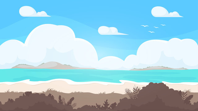 Seamless beach landscape. Beautiful high quality unending background. Layered for parallax effect. For 2d game. Simple cartoon design. With ocean, clouds, bushes, sea. Flat style vector illustration.
