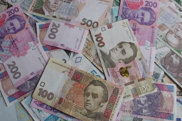 Ukrainian Hrivnas (Hryvnias, UAH) banknotes, closeup, background