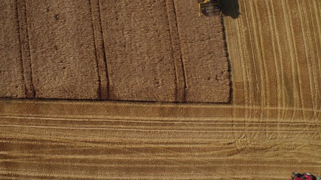 Aerial of a yellow combine harvester in a beautiful golden wheat field as it harvests on a bright sunny day in bavaria germany 