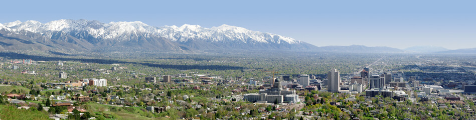 A panoramic view of downtown Salt Lake City, Utah and the Wasatch mountain range.