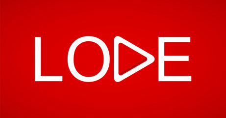 White Inscription love with play button on bright red background.