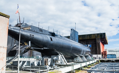 View of a Submarine exhibited on shore at the previous World War 2 German submarine base of...