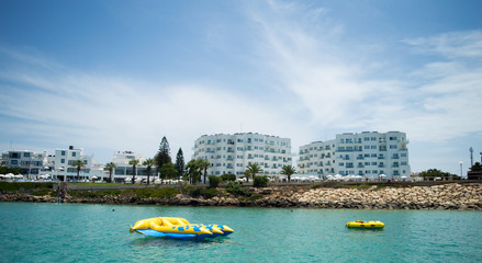 Marina with anchored boats in Protaras, Cyprus on June 16, 2018. 