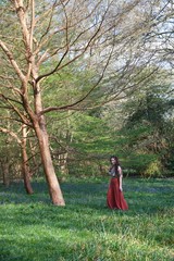 Fashionable lady in an English wood with bluebells and trees