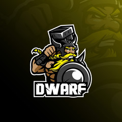 dwarf mascot logo design vector with modern illustration concept style for badge, emblem and tshirt printing. angry dwarf illustration with shield and hammer.