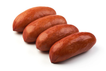 Hungarian or German Smoked Sausages, close-up, isolated on a white background