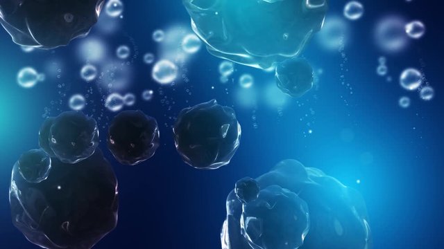 4K Liquid blue background with bubbles slowly floating