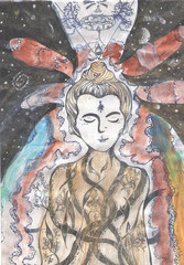 Fototapeta na wymiar Illustration of a meditating buddha on a background of space. Watercolor print.