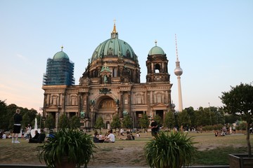 Dusk at Berliner Dom Cathedral and Fernsehturm in Berlin, Germany