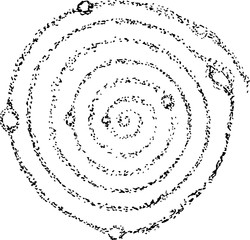 Illustration of the cosmic spiral of the galaxy and the planets in it is symbolic.