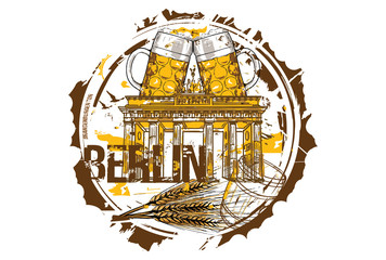 Brandenburg gate and Beer Festival concept. Berlin, Germany. Hand drawn illustration.