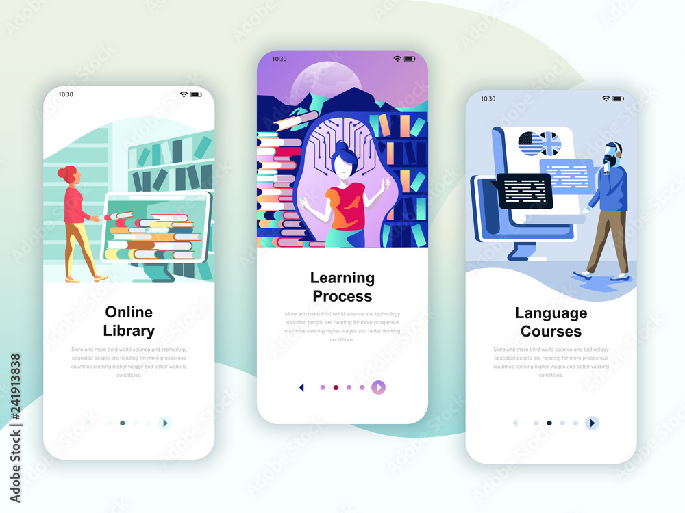 Wall mural set of onboarding screens user interface kit for library, learning, language courses, mobile app tem