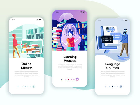 Set of onboarding screens user interface kit for Library, Learning, Language Courses, mobile app templates concept. Modern UX, UI screen for mobile or responsive web site. Vector illustration.