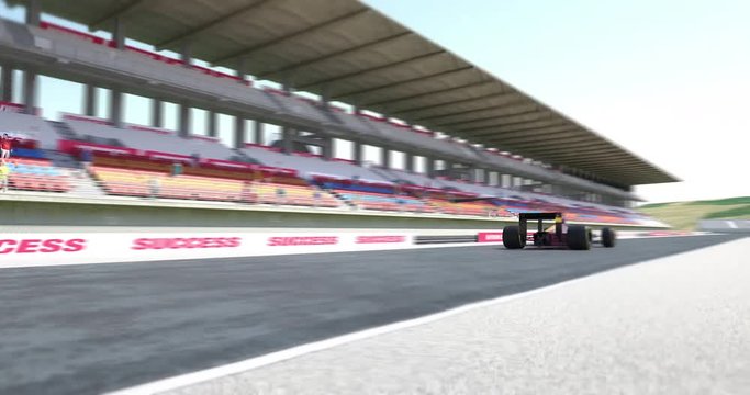 Formula one racing car crossing finish line with numbers. High quality 3d animation