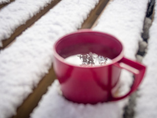 Obraz na płótnie Canvas Plastic cup of tea with lemon on bench covered with snow