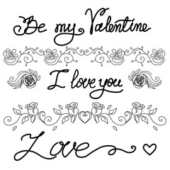 Set of vintage vignettes and hand drawn romantic words