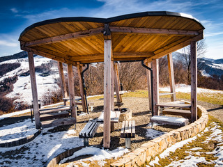 Picnic place on summit of mount in winter. Beskids Mountains in Winter.