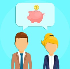 Business concept. A guy and a girl in business suits. Speech bubble with piggy bank. The accumulation of savings. In flat style on blue background. Cartoon.