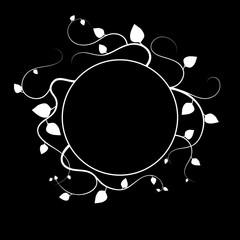 Round white frame with leaves on a black background. Curls and leaves, vector