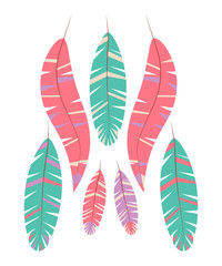 Set of vector abstract bright feathers on white background