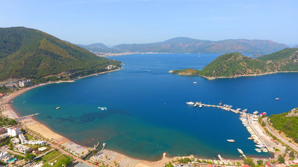 İcmeler Beach Marmaris aerial view from the air drone view turquoise sea