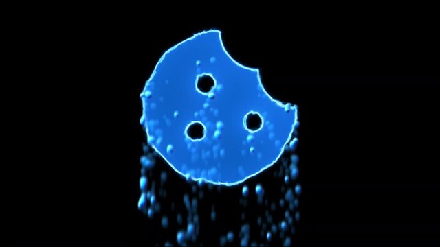 Liquid symbol cookie bite appears with water droplets. Then dissolves with drops of water. Alpha channel black