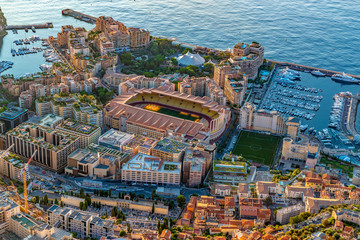 Aerial view of stadium of Monaco at sunrise, view from La Turbie, landmark of Monaco, Monte-Carlo,...