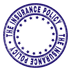 THE INSURANCE POLICY stamp seal watermark with grunge texture. Designed with round shapes and stars. Blue vector rubber print of THE INSURANCE POLICY tag with dust texture.