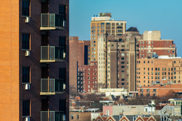 Balconies on the side of a Residential Skyscraper in Lincoln Park Chicago with Buildings in the Background