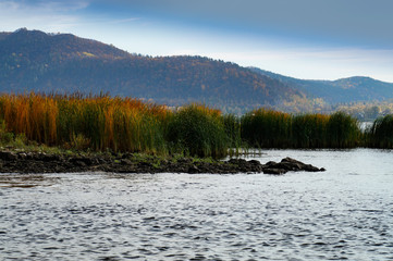 mountains, river, water, shore, grass, sky, nature, walk, observation
