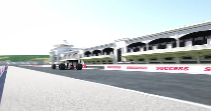 White Formula one racing car crossing finish line with numbers. High quality 3d animation