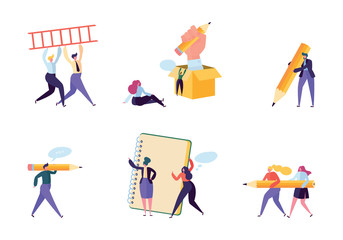 Creative Copywriter People Business Character Set. Writer Team Draw Pencil in Notebook. Hipster Freelancer Employee Success Career. Man Corporate Coworking Flat Cartoon Vector Illustration
