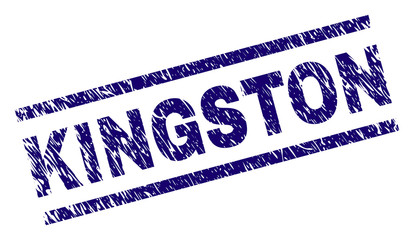 KINGSTON seal print with grunge style. Blue vector rubber print of KINGSTON title with dirty texture. Text title is placed between parallel lines.