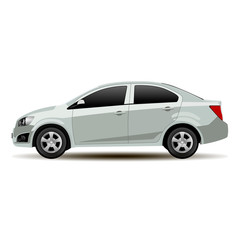 Obraz na płótnie Canvas Silver Car Sedan Side View. Vector Vehicle Flat Isolated Illustration. Realistic Mockup of Contemporary Shape Commercial Auto. Modern Style Automotive Art Model. Template for Business Commercial.