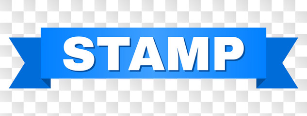 STAMP text on a ribbon. Designed with white caption and blue stripe. Vector banner with STAMP tag on a transparent background.