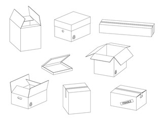 Vector collection of carton paper boxes outlines on white background.