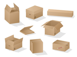 Vector collection of beautiful shaded realistic brown carton paper boxes on white background.