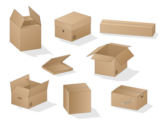 Vector collection of beautiful shaded realistic brown carton paper boxes with outlines on white background.