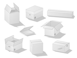 Vector collection of beautiful realistic white carton paper boxes with outlines on white background.