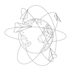 Line art vector of paper planes flying around Planet Earth depicting globality.