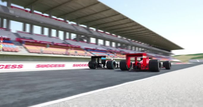 Formula one racing cars crossing finish line with numbers. High quality 3d animation