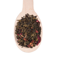 Mix of green tea with strawberry and hibiscus flowers karkade on white background