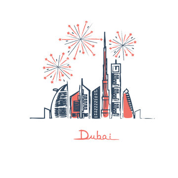 Fireworks with stars in Dubai city