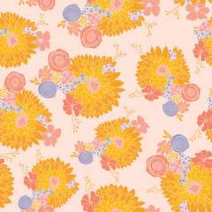 Flower pattern seamless background vector. Floral arrangements pastel colors with Aster, Daisy, Petunia, and chamomile flowers. Hand drawn art for summer, spring, fabric, paper, wallpaper, home decor.