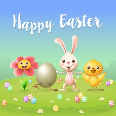 Obraz na płótnie Canvas Happy friends celebrate Easter - spring landscape background - greeting card