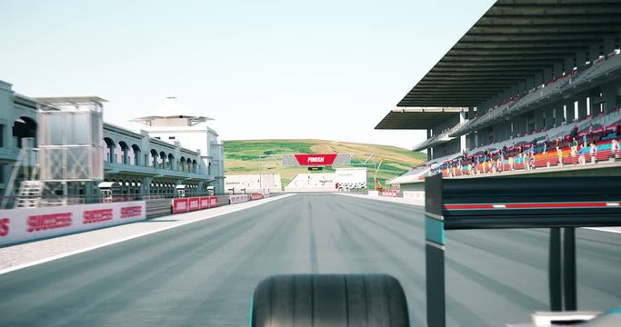 Formula one racing car crossing finish line and winning the race - Close Up Shot. High quality 3d animation