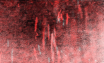 Red-Black-White Aged Grunge Wall Background. Old Weathered Peeled Painted Plaster Backdrop. Reddish Abstract Antique Cracked Stain Texture Background. Damaged Retro Stucco Scratched Pattern