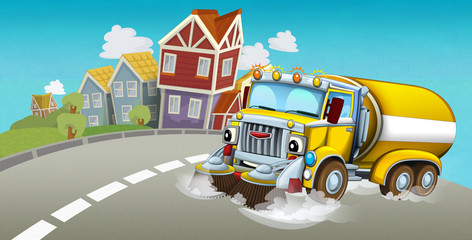 cartoon summer scene with cleaning cistern car driving through the city - illustration for children