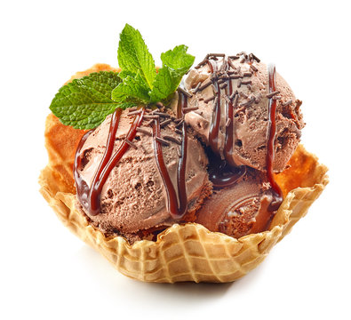 chocolate ice cream in waffle basket