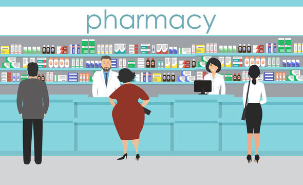 People in the pharmacy. Pharmacists stands near the shelves with medicines. In the blue hall there are visitors. Vector illustration